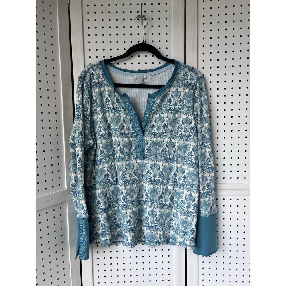 Sundance Waffle Long SLV V Neck Thermal Tee Women's XXL Teal Ivory Floral